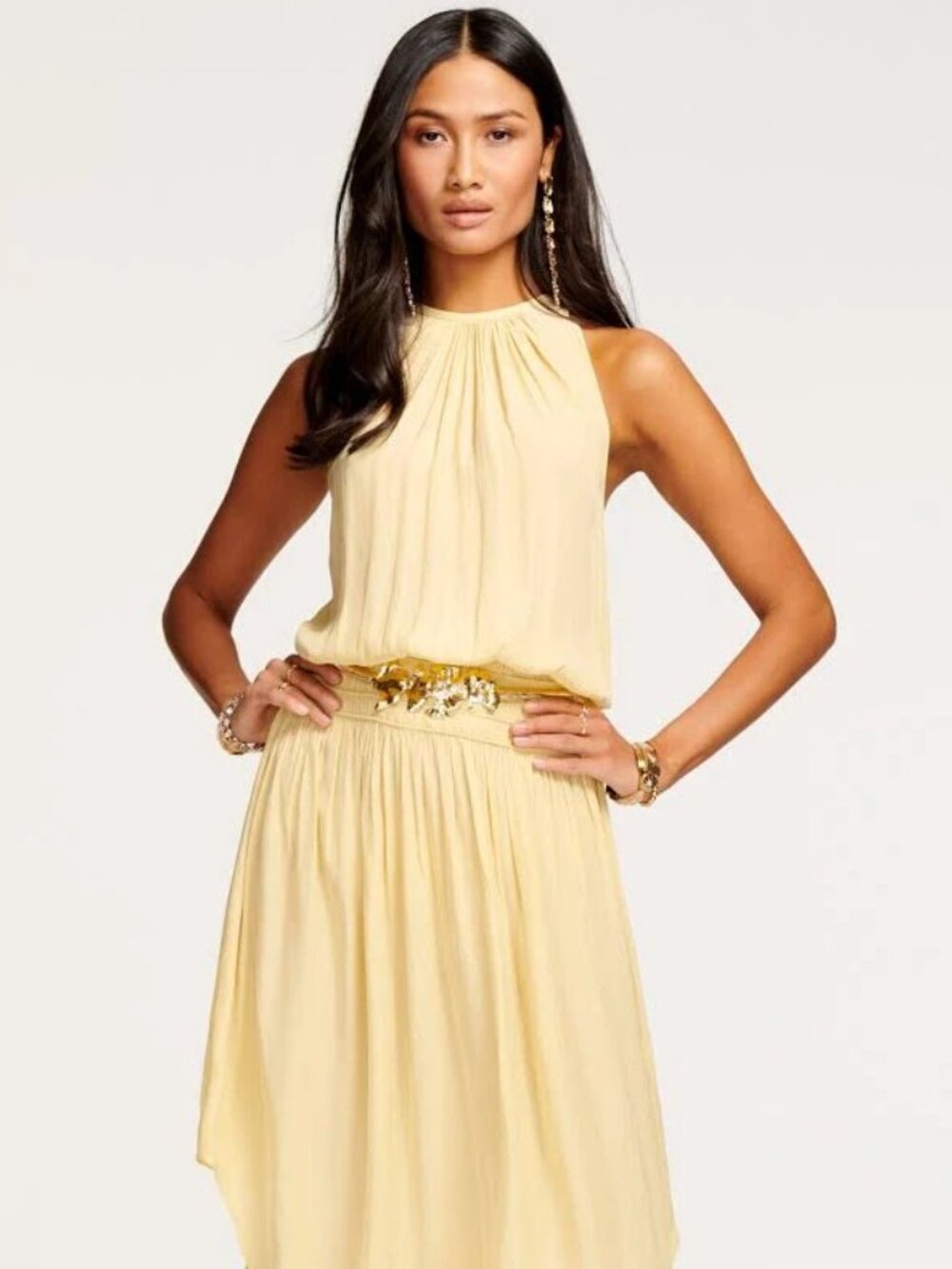 NWOT Ramy Brook Audrey Smocked Halter Midi Dress Light Yellow Pale Gold Size S